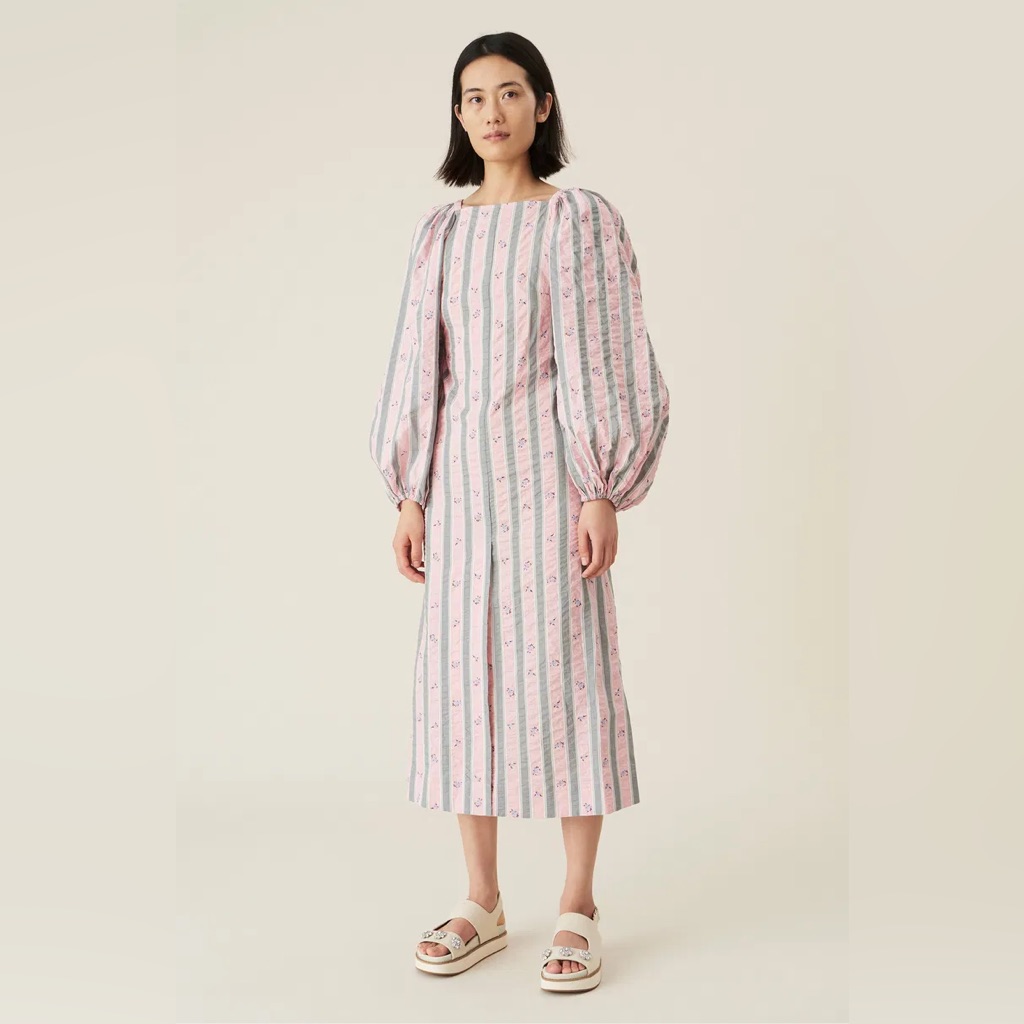 Ganni Organic Cotton Seersucker Midi Dress Size 36
